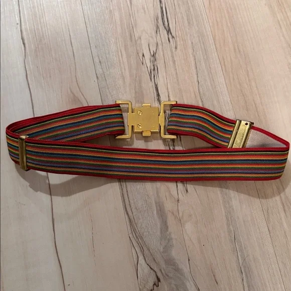 Vtg Gold-Tone Red Multi-Stripe Elastic Waist Belt, Sz Sm/Med - Picture 4 of 7